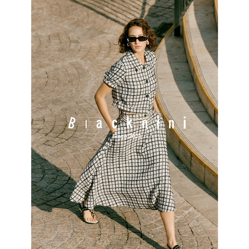 Blacknini Is Back! Black and White Camellia British Linton Tweed Chanel-Style Shirt Short Jacket Skirt