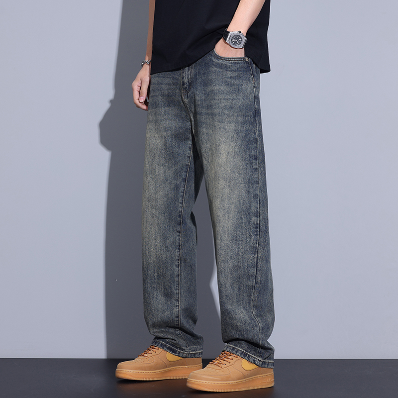 Kuvine American Retro Jeans for Men, Trendy Brand, Loose Straight-Leg Vibe, Vintage Washed Wide-Leg Casual Pants
