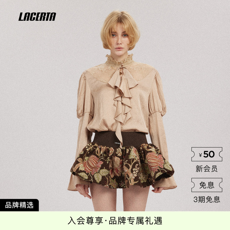 Lacerta/Lacerta 2026 Autumn New Lace Stand Collar Shirt for Women with Ribbon French Style Gentle Long Sleeve Top