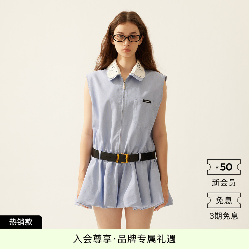 [Same Style as Ju Jingyi] Lacerta2026 Lace Collar Preppy Style Dress with Waist-Cinching Sleeveless Shirt Short Skirt