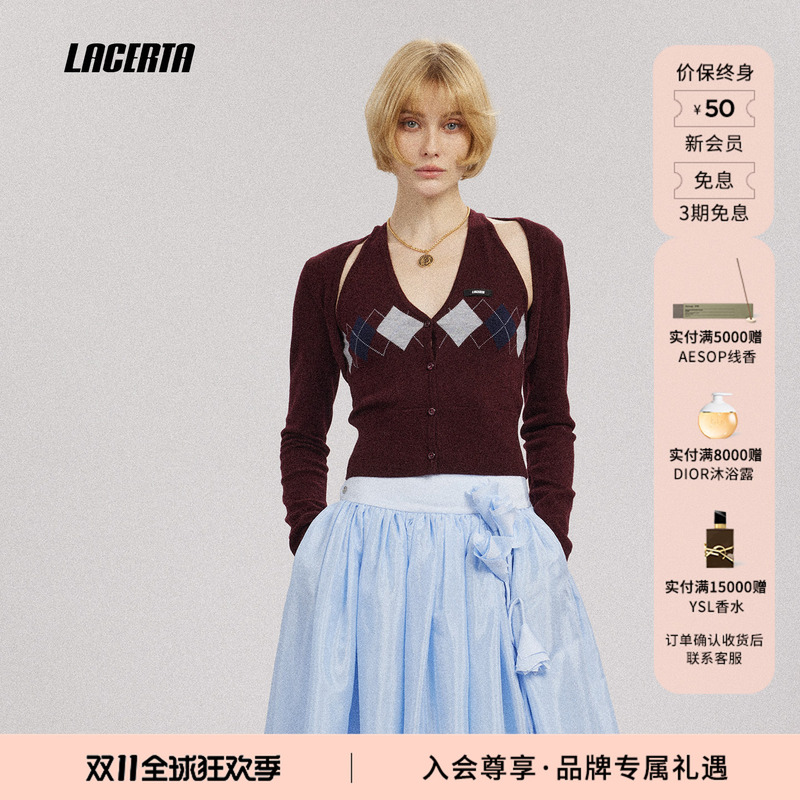 Lacerta/Lacerta 2026 Autumn New Sleeveless Top Short Jacket Diamond Knit Vest Shawl