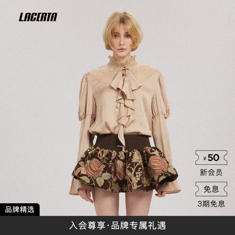 Lacerta/Lacerta 2026 Autumn New Lace Stand Collar Shirt for Women with Ribbon French Style Gentle Long Sleeve Top