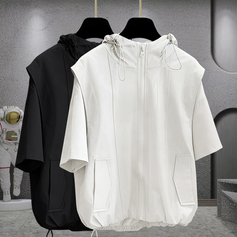 American Street Workwear Style Hooded Short-Sleeved Cardigan, Unisex, Loose and Versatile Casual T-Shirt Top for Summer