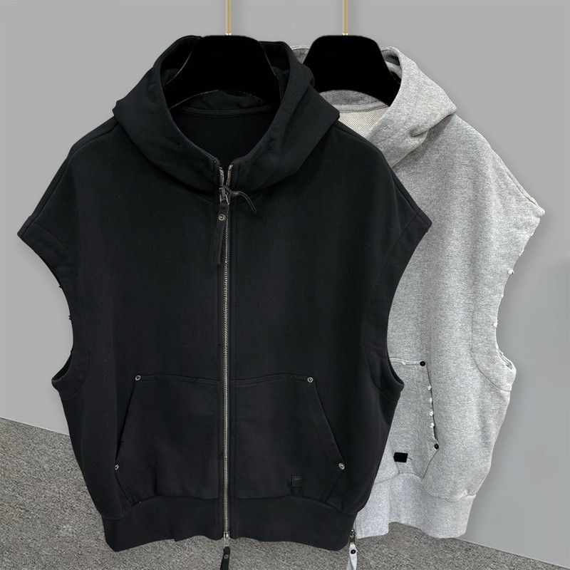 Hooded Zip-Up Sleeveless T-Shirt for Men and Women, Summer Solid Color Casual Versatile Pocket Design Loose Sleeveless Vest