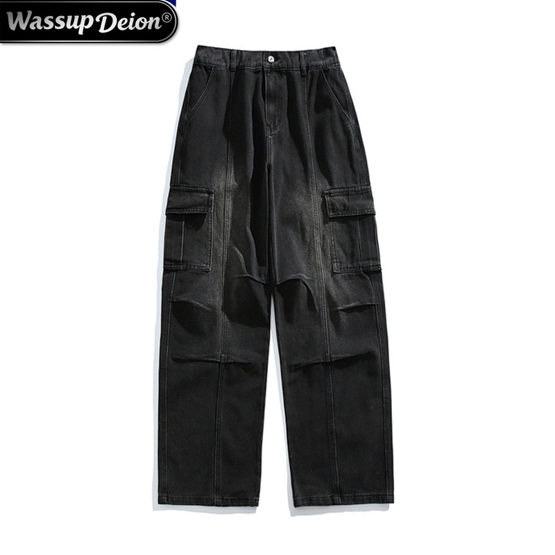 Wassup Deion American-Style Washed Denim Cargo Pants for Men, Spring and Autumn, Multi-Pocket, Floor-Length Straight-Leg Denim Pants