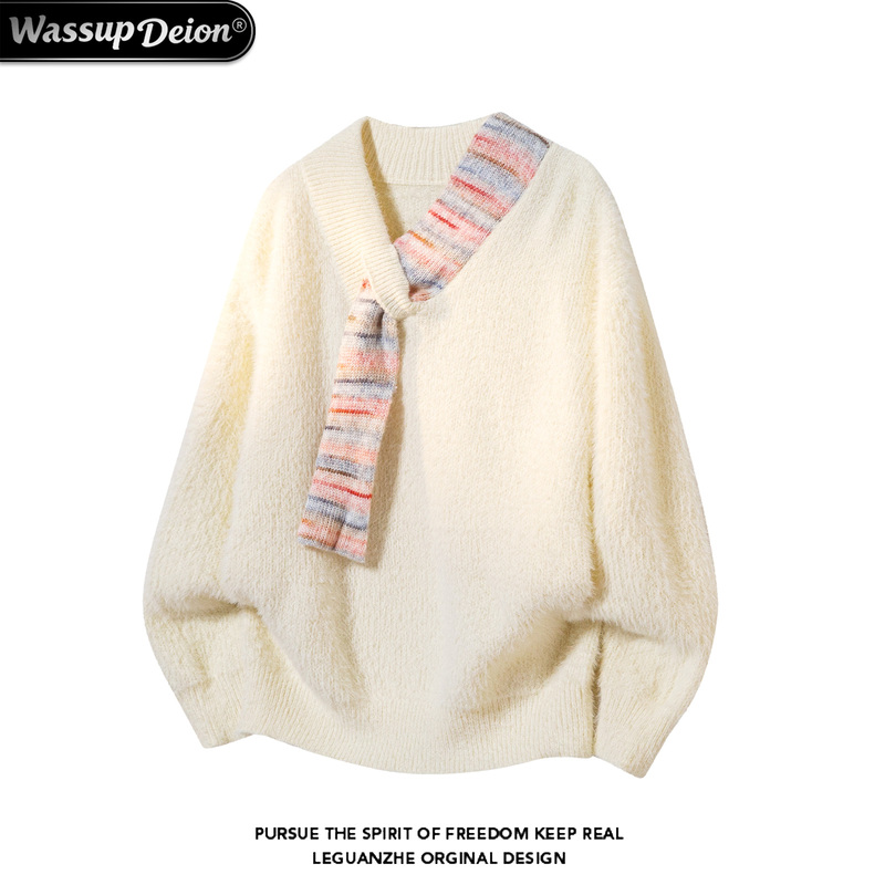 Wassup Deion Lazy Style V-Neck Colorful Scarf Sweater for Men and Women in Autumn and Winter Fleece-Lined Patchwork Scarf Knitwear Wassup Deion Lazy Style V-Neck Colorful Scarf Sweater for Men and Women in Autumn and Winter Fleece-Lined Patchwork Scarf Knitwear