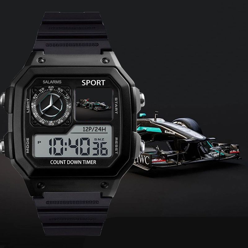 F1 Racing-Themed Watch for Students, Silent with Alarm Clock, Timing, Night Light, Small Square Sports-Style Electronic Watch