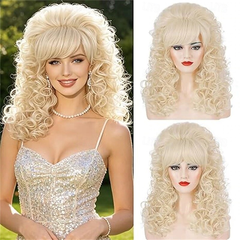 80S Beige Long Curly Retro Wig with Bangs for Women, Large Fluffy Big Wave Honeycomb Synthetic Wig