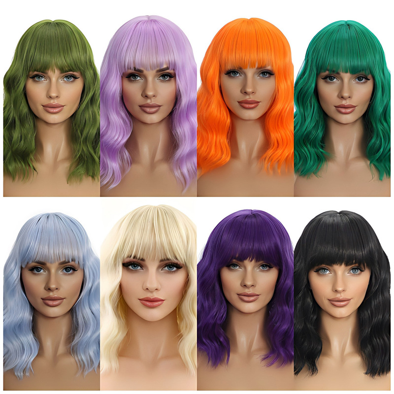 European and American Short Water Wave Bob Wig, Short Curly Shoulder-Length Bob Synthetic Wig, Heat-Resistant with Bangs