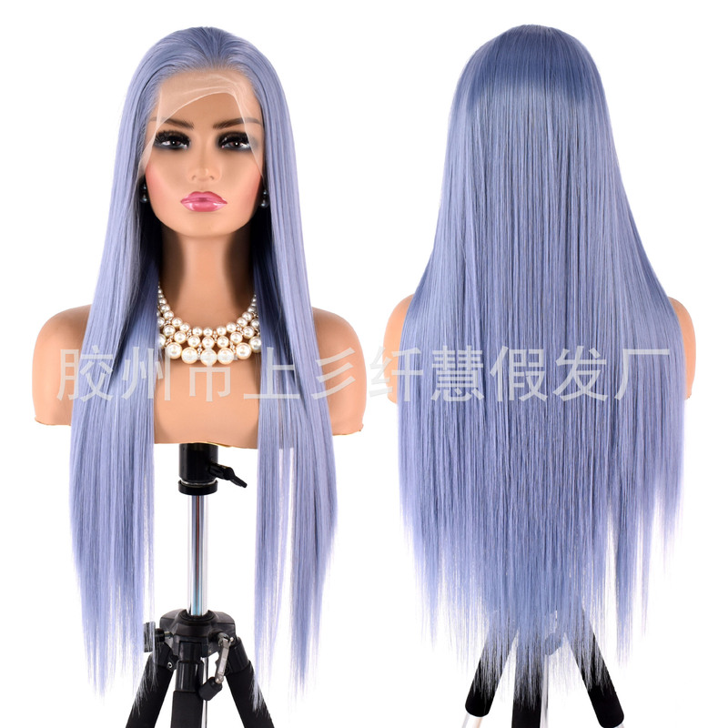 Hand-Crocheted Lace Front Wig in Mist Blue for Women, Long High-Temperature Matte Synthetic Fiber Wig for Cosplay
