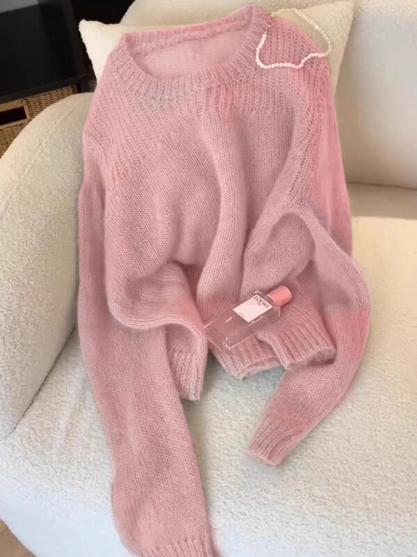 This Year's Trendy Beautiful Pink Sweater for Women, New Autumn and Winter Soft Mohair Hollow Knit Long-Sleeve Top