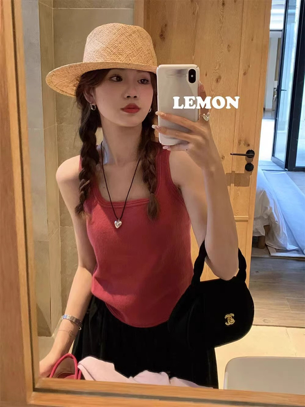 Rose Pink Square-Neck Knitted Camisole for Women, 2026 Summer New Style, Dopamine Super Pretty Inner Wear Sleeveless Top
