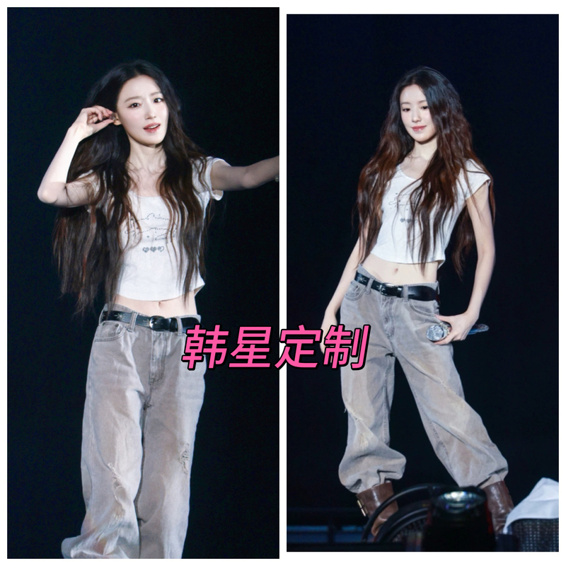 Ye Shuhua's Same Style Korean Version of a Short White T-Shirt with a Dolphin Heart Design, Slimming Effect, and Trendy Ripped Straight-Leg Gray Jeans
