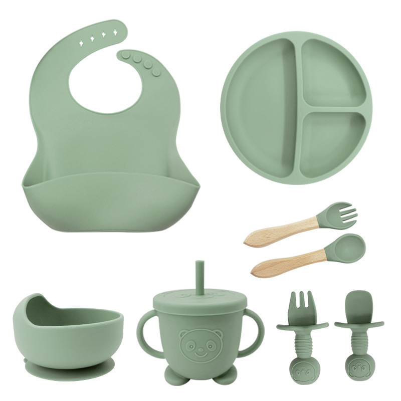 Round Silicone Dinner Plate, Baby Bib, Baby Bowl, Tableware, Fork, Anti-Fall Snack Cup Set, Cross-Border Ready Stock