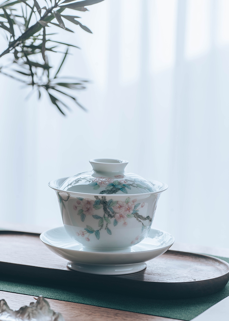 Get in tureen jingdezhen pastel hang silk hitom tureen domestic large tea white porcelain three tureen tea cups