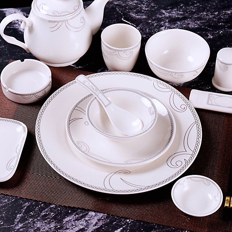 Hotel ceramic tableware four-piece set dish plate spoon hotel restaurant simple tableware custom LOGO