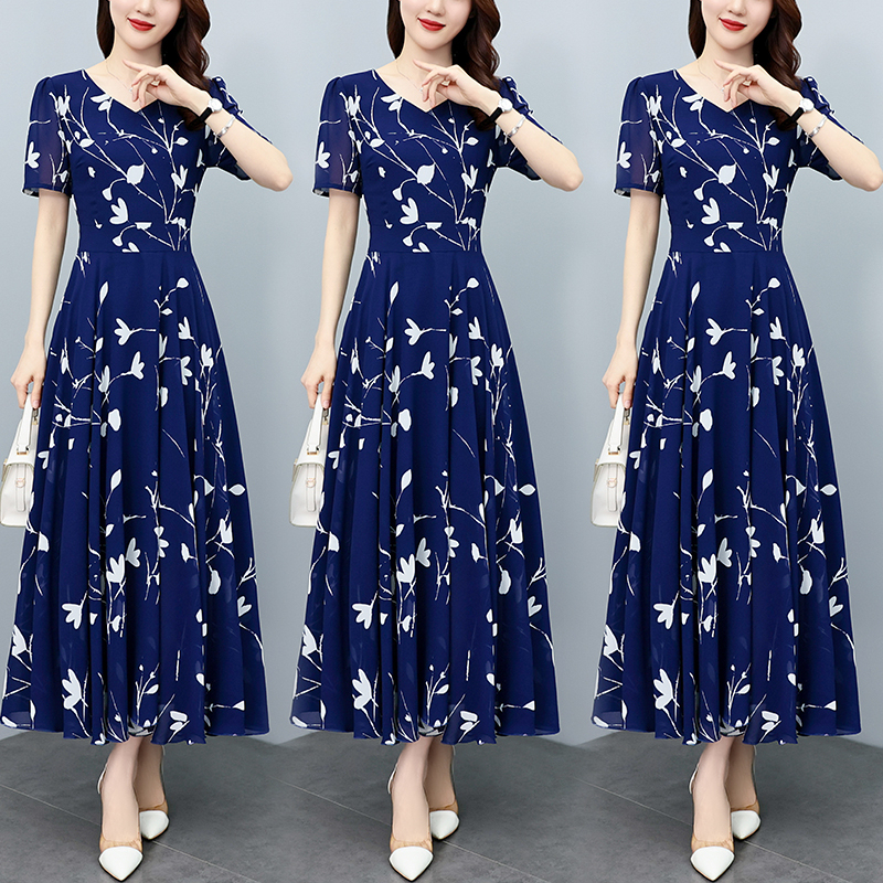 Floral Print Dress for Women 2025 Summer Short-Sleeved Elegant Waist Slimming Look Fashion Large Size Floral Blue Long Dress Floral Print Dress for Women 2025 Summer Short-Sleeved Elegant Waist Slimming Look Fashion Large Size Floral Blue Long Dress