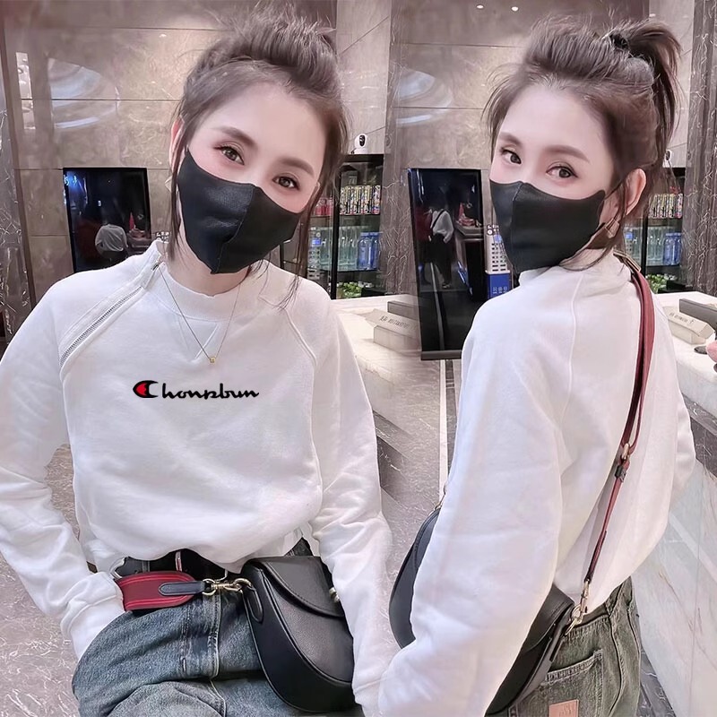 Champion Rainbow White Base Layer Women's Top for Spring and Autumn, Pure Cotton, Loose Casual Zipper T-Shirt with Patchwork Long Sleeves Champion Rainbow White Base Layer Women's Top for Spring and Autumn, Pure Cotton, Loose Casual Zipper T-Shirt with Patchwork Long Sleeves