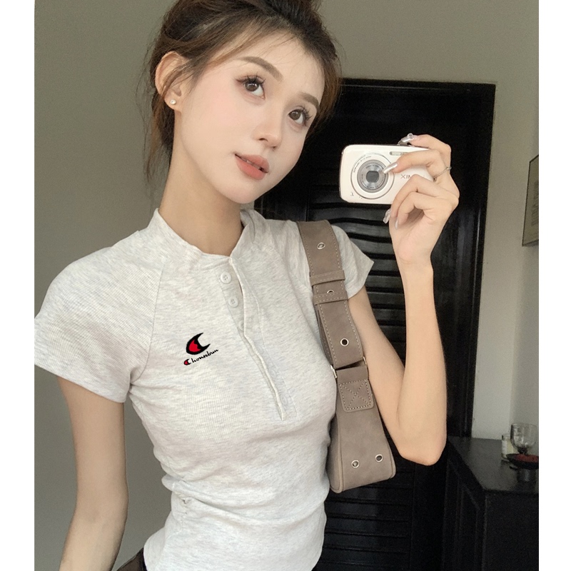Champion Rainbow Design Niche Style Short-Sleeve T-Shirt for Women, Summer Slim-Fit Flattering Base Top