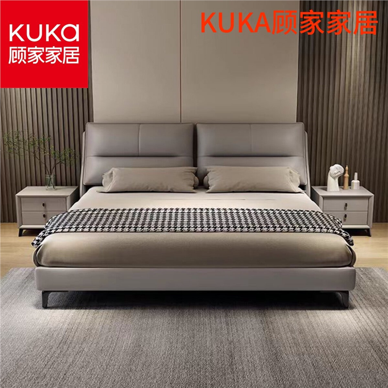 Gujia Furniture Genuine Leather Bed Modern Minimalist Double Bed 18m Large Bed Tech Fabric Soft Backrest Bed Guest Room Bed