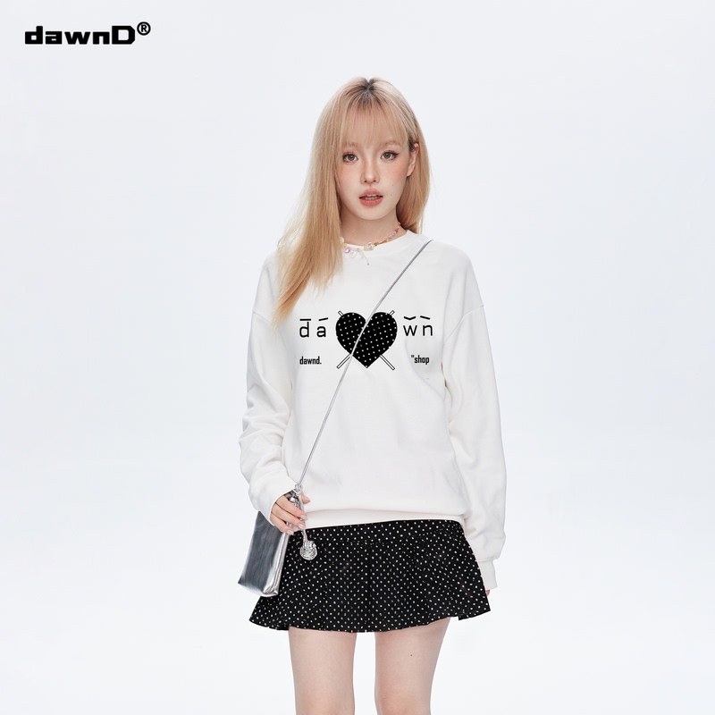 Dawn D American-Style Polka Dot Heart Letter Crew Neck Sweatshirt for Women 2026 New Autumn Trendy Brand Loose Top Jacket