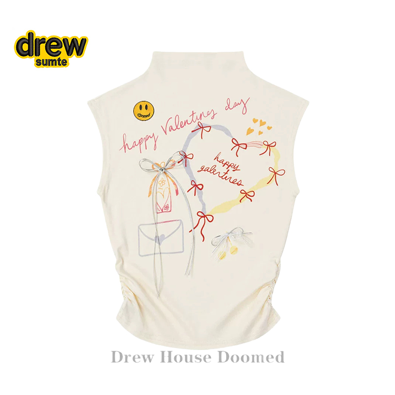 Authentic Drew Sumte Smiley Face Short Half-High Collar Sleeveless Vest Summer Bowknot T-Shirt Tight-Fitting Top
