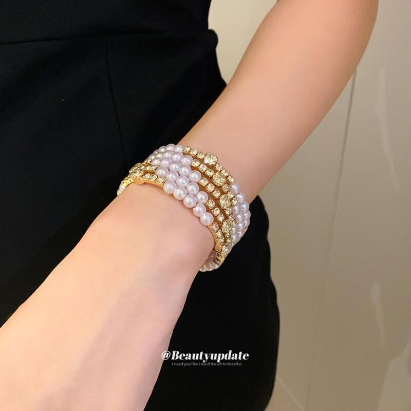 European and American Multi-Layered Diamond-Encrusted Open Pearl Bracelet, Fashionable Light Luxury High-End Bracelet, Versatile for Commuting, Personalized Hand Jewelry for Women