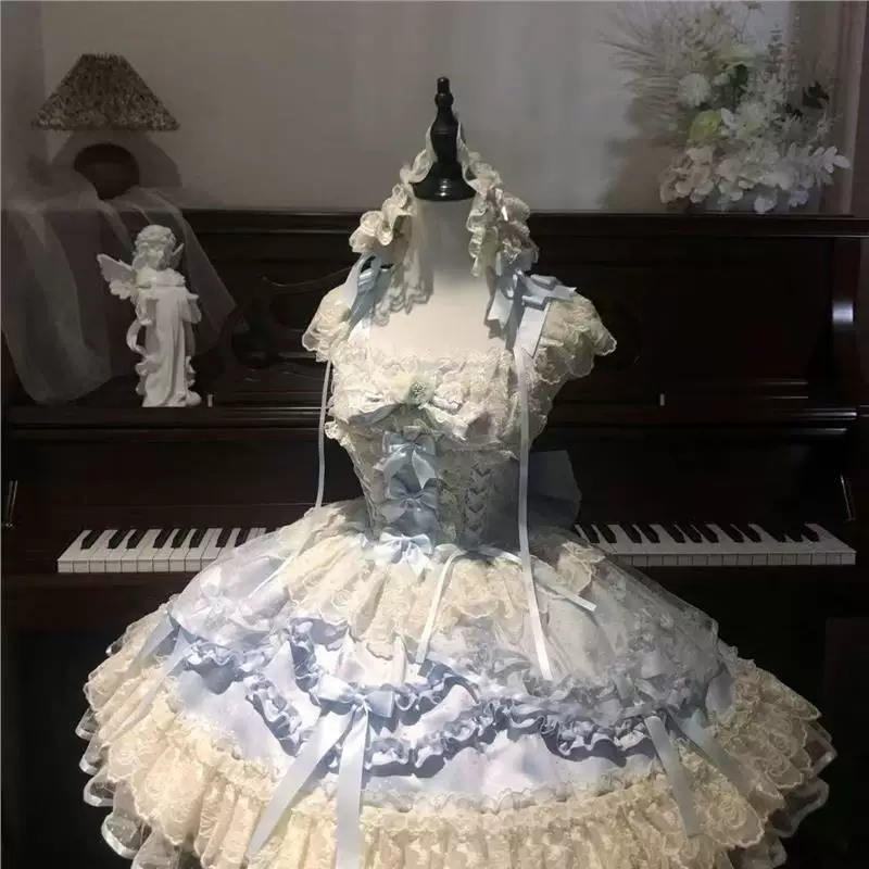Платье Lolita jsk, четырёхслойная юбка, кружевная отделка, с аксессуаром для волос — размеры S–XL