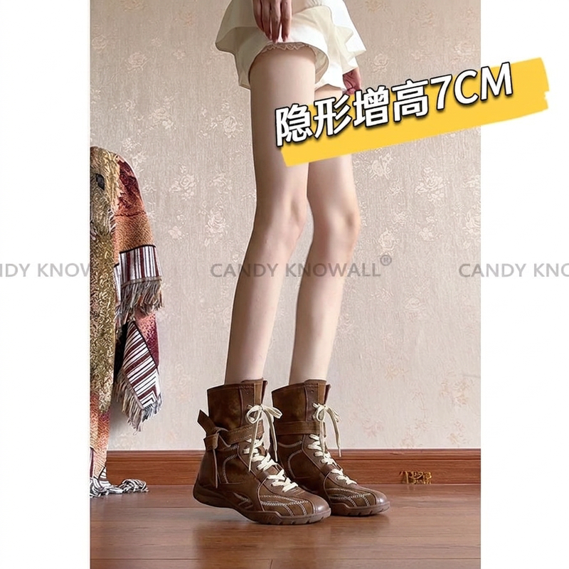 Martin Boots Lace-Up Ankle Boots 2026 Summer New Style Invisible Height-Increasing Women's Shoes 7cm Thick Sole for Petite People