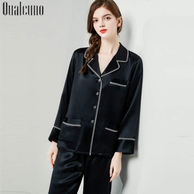 New silk pajamas women's spring and summer long-sleeved trousers two-piece suit heavy mulberry silk solid color silk home service