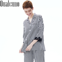 Fashion pajamas women Spring Summer long sleeve trousers silk two-piece set heavy mulberry silk stripe home wear