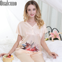 qualcuno Silk Pajamas Women Summer Print Pullover Short Sleeve Pajamas Heavy Mulberry Silk Home Clothing
