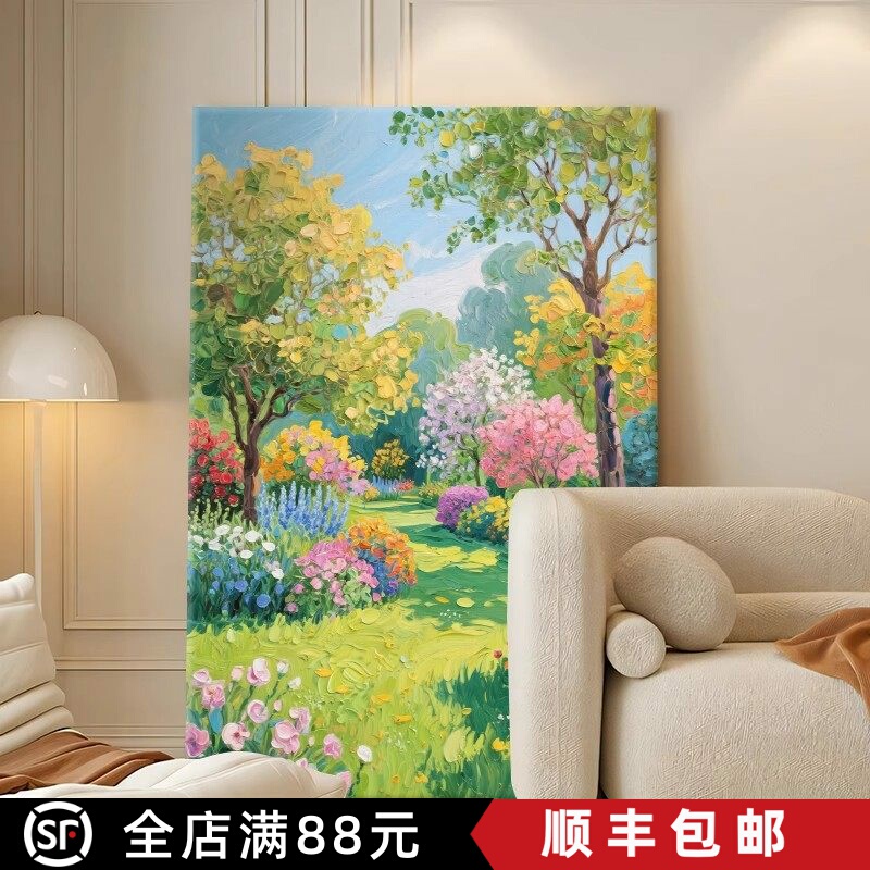Monet Garden Decorative Painting, Cream Style Finished Imitation Oil Painting, Beautiful Scenery and Flowers, High-End Bedroom and Living Room Hanging Painting