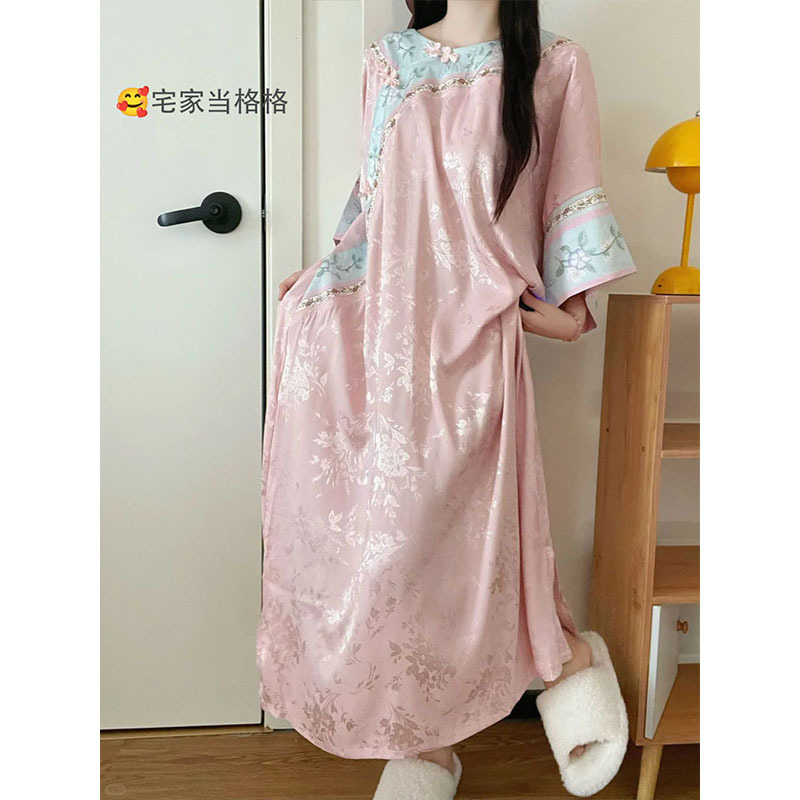Dudu Good Sleep Women's Summer Pajamas Ice Silk Casual Loose Sweet New Chinese Style National Style Nightgown Home Clothes Dudu Good Sleep Women's Summer Pajamas Ice Silk Casual Loose Sweet New Chinese Style National Style Nightgown Home Clothes