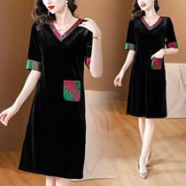 Solid color splicing printed V-neck velvet dress for women 2023 summer new style new Chinese style retro national style A-line skirt