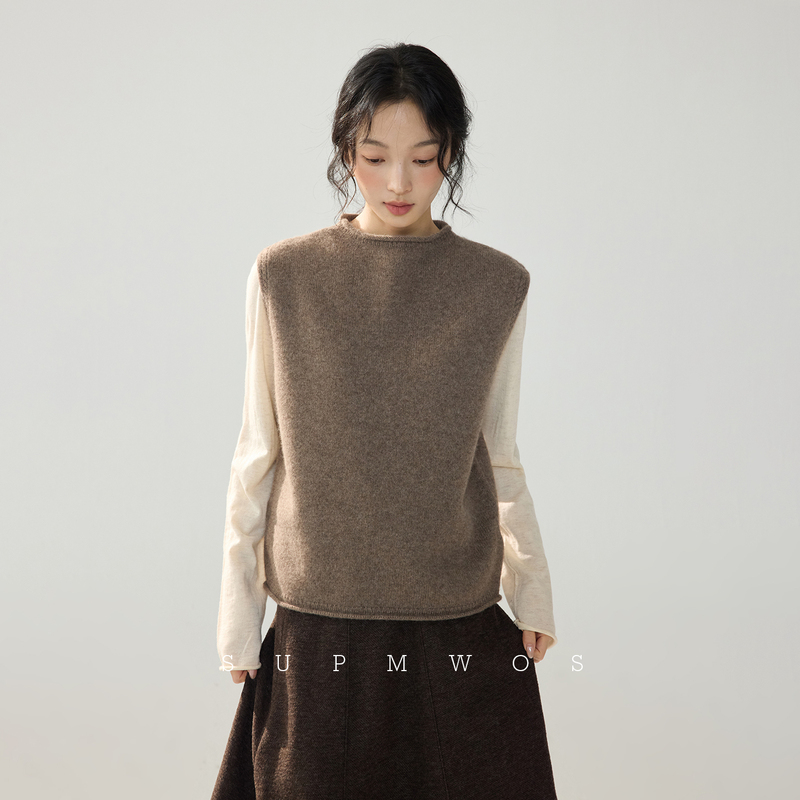 Supmwos2026 Autumn New Yak Wool Knitted Vest for Women, Round Neck Sleeveless Sweater, Cardigan, Base Layer Sweater