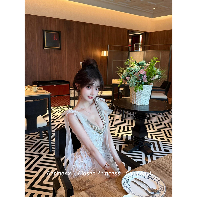 Halter Neck Dress, Socialite Style, Banquet, Birthday Party Dress, Heavy-Duty Diamond-Encrusted Large Bow, Backless Short Dress