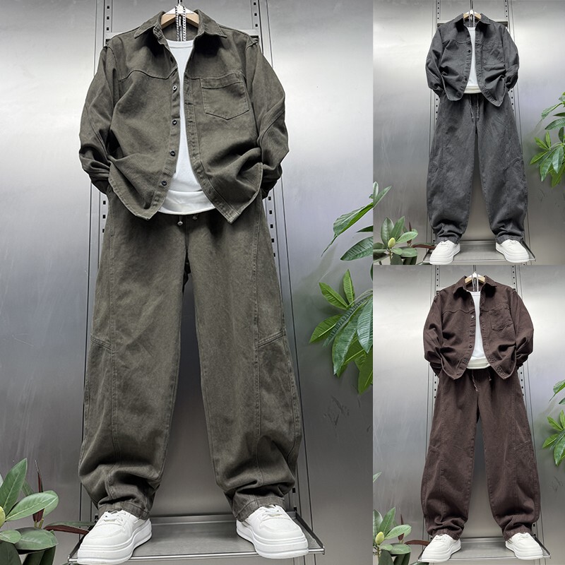 2026 Autumn Denim Suit for Men, Lazy Old Money Style Lapel Jacket, Loose Straight-Leg Casual Pants Two-Piece Set