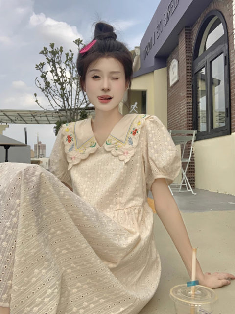 Fat MM extra large size 300 pounds sweet embroidered lapel dress short-sleeved for women summer waist slimming mid-length A-line skirt