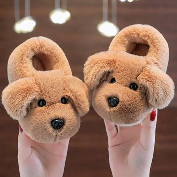 Puppy Children's Slippers Winter Baby Cotton Slippers Warm Non-Slip Indoor Home Cute Thickened with Heel Cover and Fleece Anti-Odor