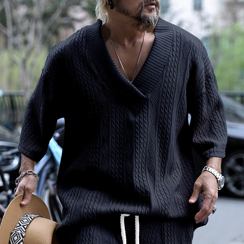 Knit T-Shirt Loose Tracksuit Knitted V-Neck Short-Sleeved T-Shirt Loose Casual Pants Sports Suit