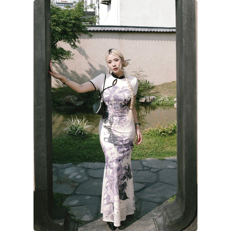 Nuomizi [Konggu Youlan] New Chinese-Style Bihanghua Improved Cheongsam Mesh National Style Fishtail Dress