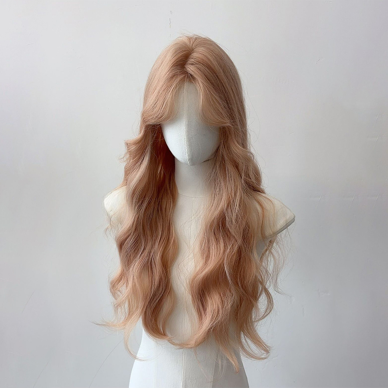 Pink Gold Wig for Women, Long Hair, Natural Middle Part, Bangs, Wool Curls, Big Waves, Doll-Like Barbie Full Wig