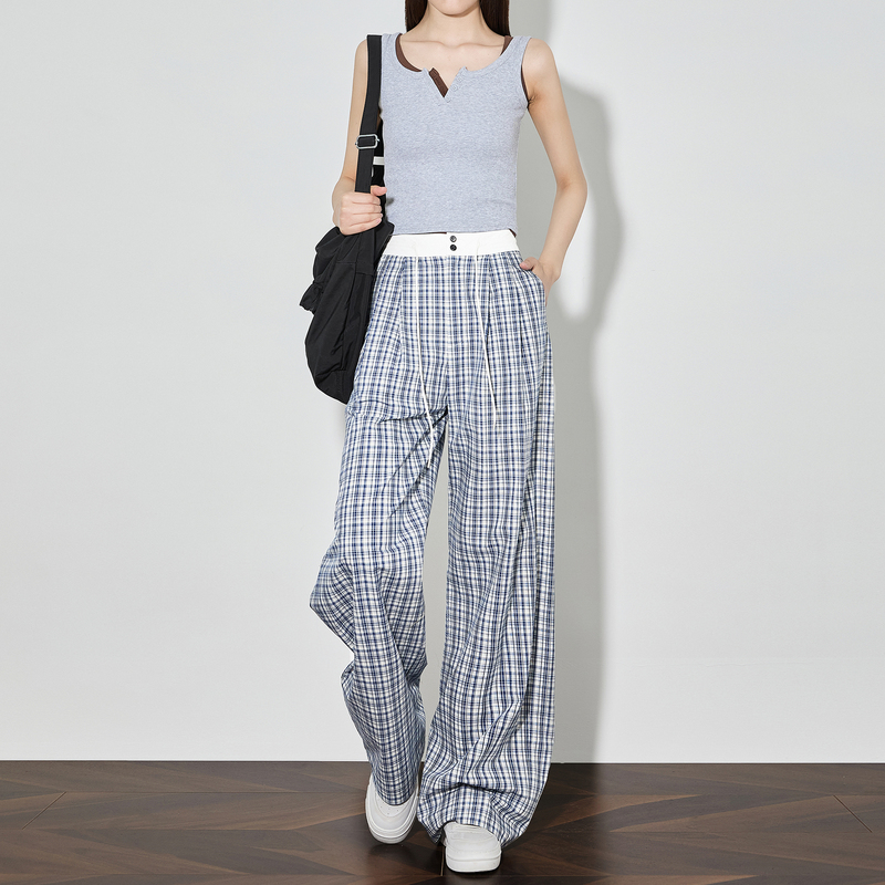 Hua Xishe [Refreshing Summer] All-Cotton Blue and White Plaid Straight-Leg Wide-Leg Casual Pants for Tall Women with Patchwork Waist, Thin