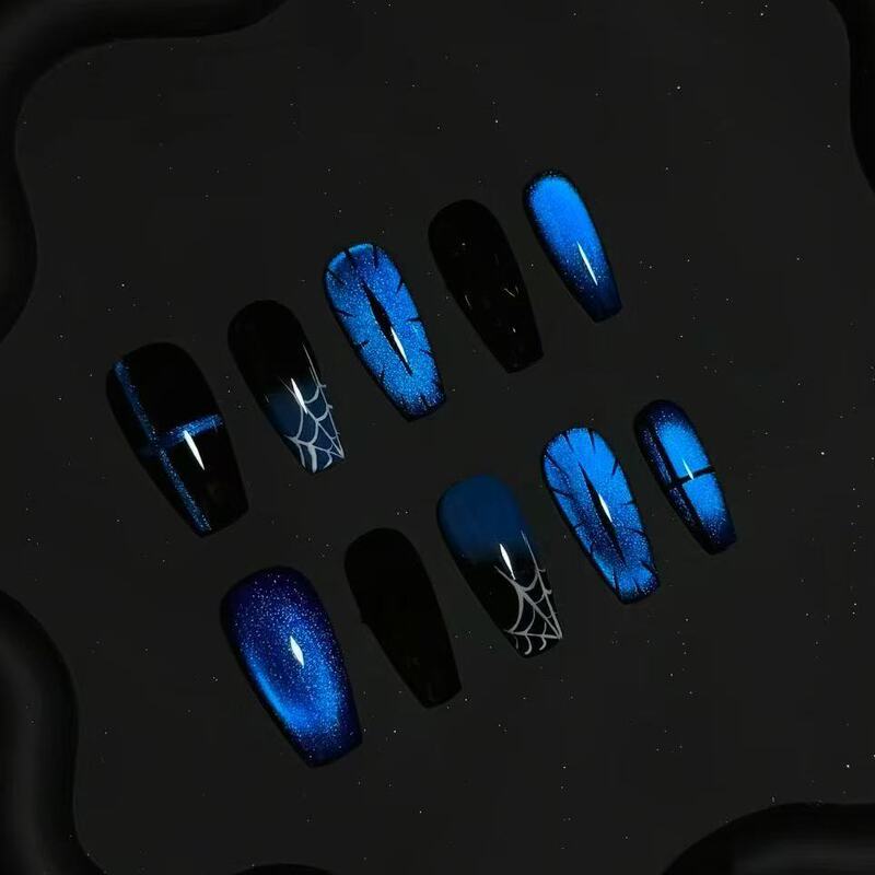 【Blue Spider Nightfall】Cool Black Sparkling Blue Cat's Eye Spider Web Crack Pattern Dark Sexy Long Trapezoidal Press-On Nails