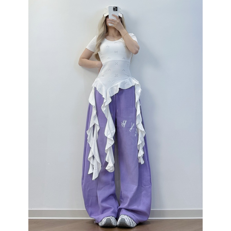 Xxbuni Purple Distressed Letter Print Sports Sweatpants for Women, New Summer Jazz Dance Loose Long Pants