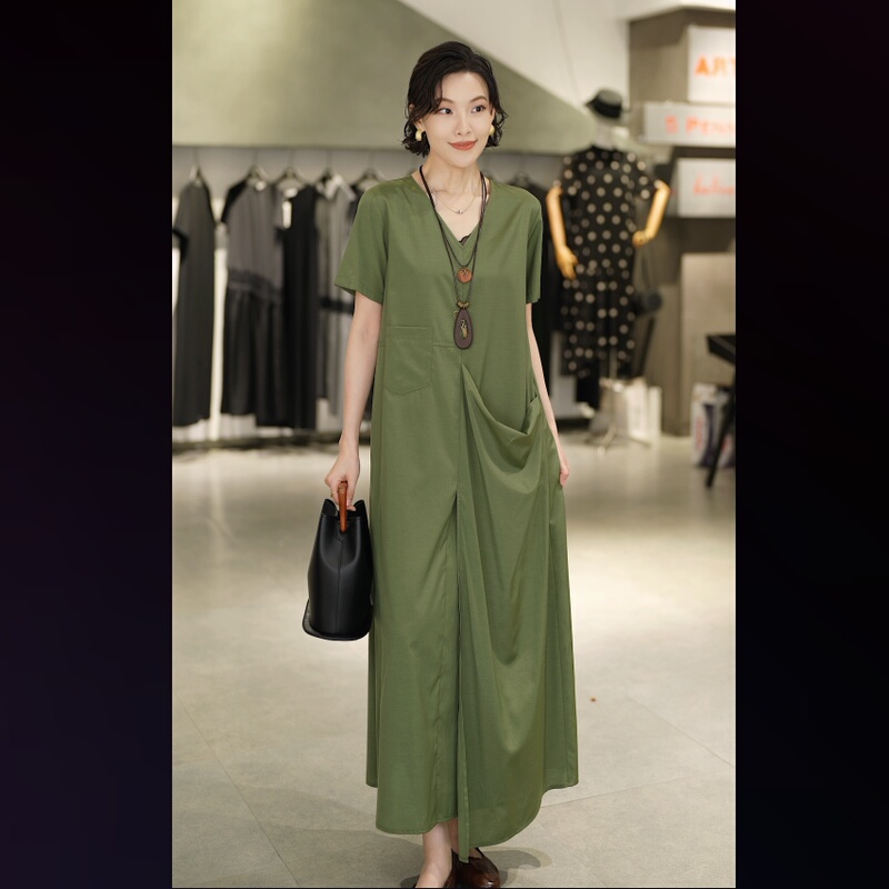 【Xiwen Premium Selection】6S0526206 Summer Loose-Fitting Casual V-Neck Dark Green Dress, Delivery Within 7-15 Days 【Xiwen Premium Selection】6S0526206 Summer Loose-Fitting Casual V-Neck Dark Green Dress, Delivery Within 7-15 Days