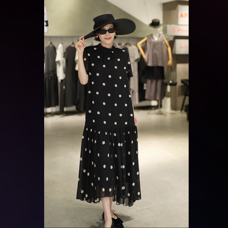 【Xiwen Premium Selection】6S0605219 Slimming Stand Collar Polka Dot Dress, Delivery Within 7-10 Days