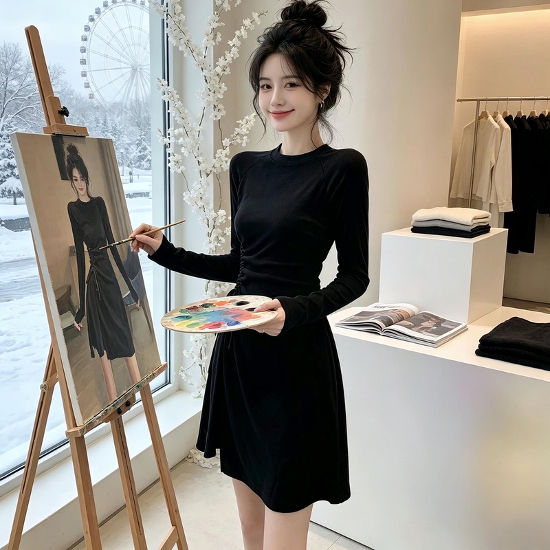 New Spring, Autumn, and Winter Women's Clothing: Round Neck Slimming Drawstring Waist Slim-Fit Dress, Line-Slimming Long-Sleeve Little Black Dress New Spring, Autumn, and Winter Women's Clothing: Round Neck Slimming Drawstring Waist Slim-Fit Dress, Line-Slimming Long-Sleeve Little Black Dress
