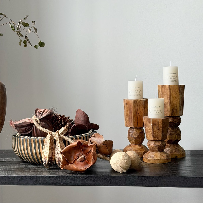 Wabi-Sabi Style Vintage Solid Wood Tray Candle Holder Ornament, Rustic Style Homestay Distressed Decoration Soft Furnishing Combination Display Set